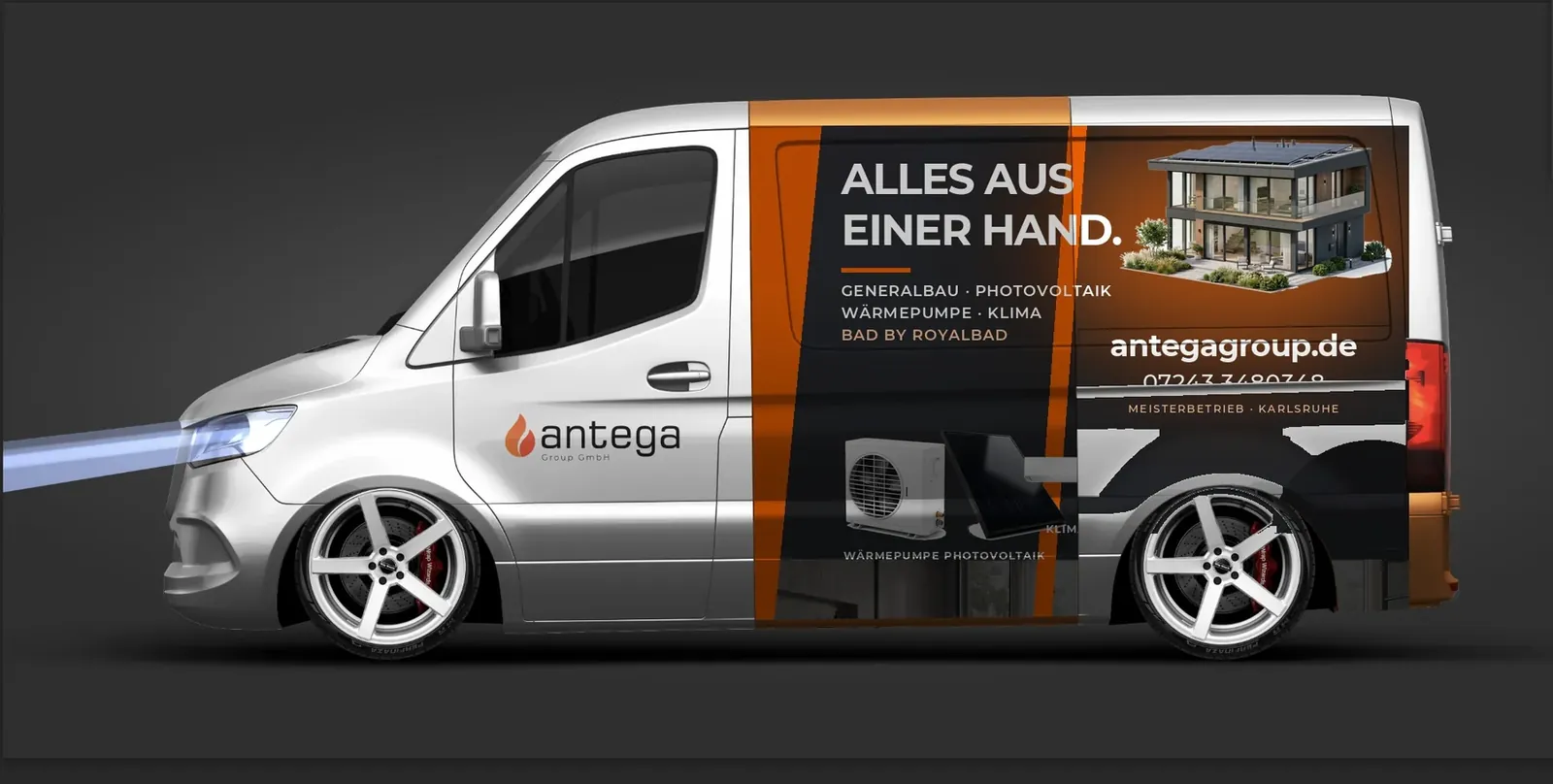 Fahrzeugbeschriftung für antega auf einem Transporter
