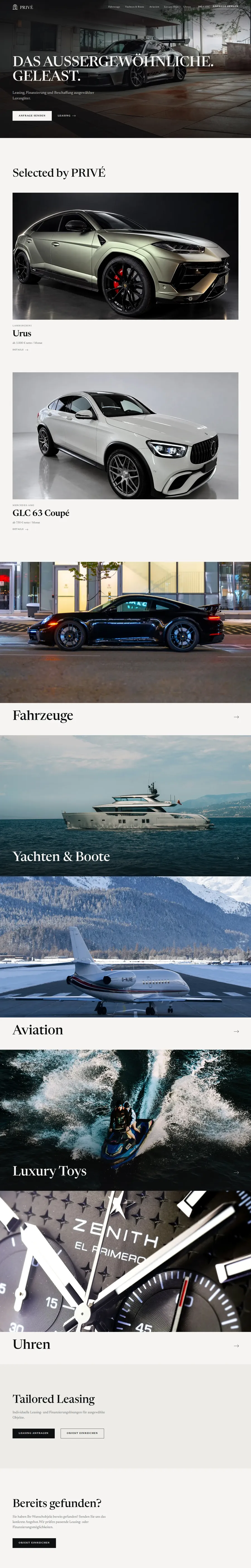 Website von PRIVÉ Luxury Leasing am Desktop, ganze Seite