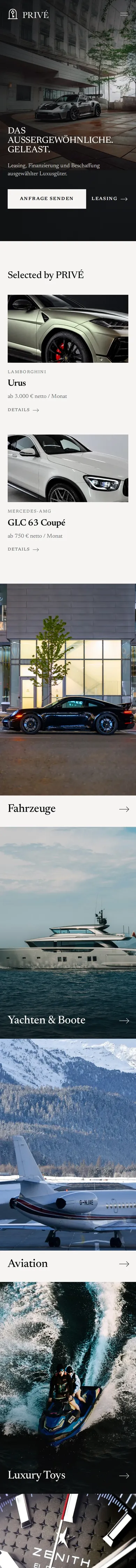 Website von PRIVÉ Luxury Leasing am Handy, ganze Seite