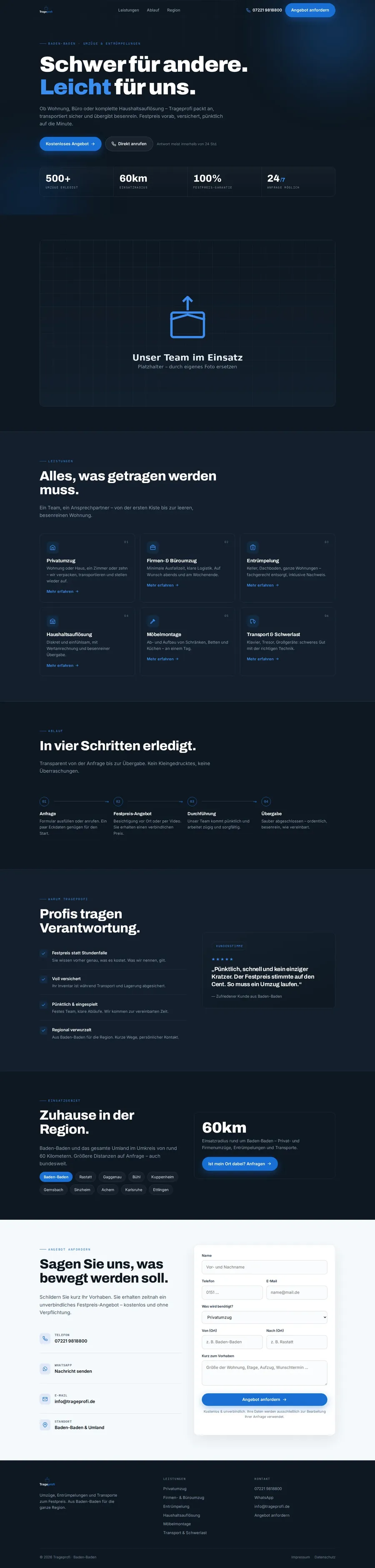 Website von Trageprofi am Desktop, ganze Seite
