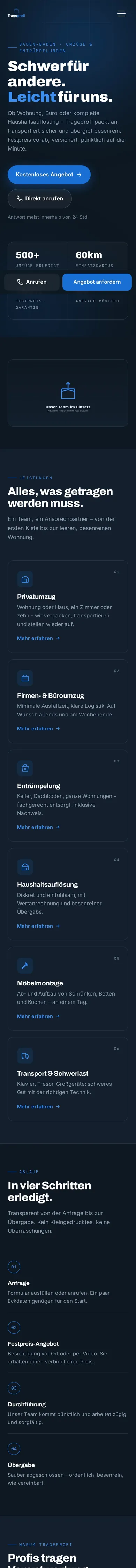 Website von Trageprofi am Handy, ganze Seite
