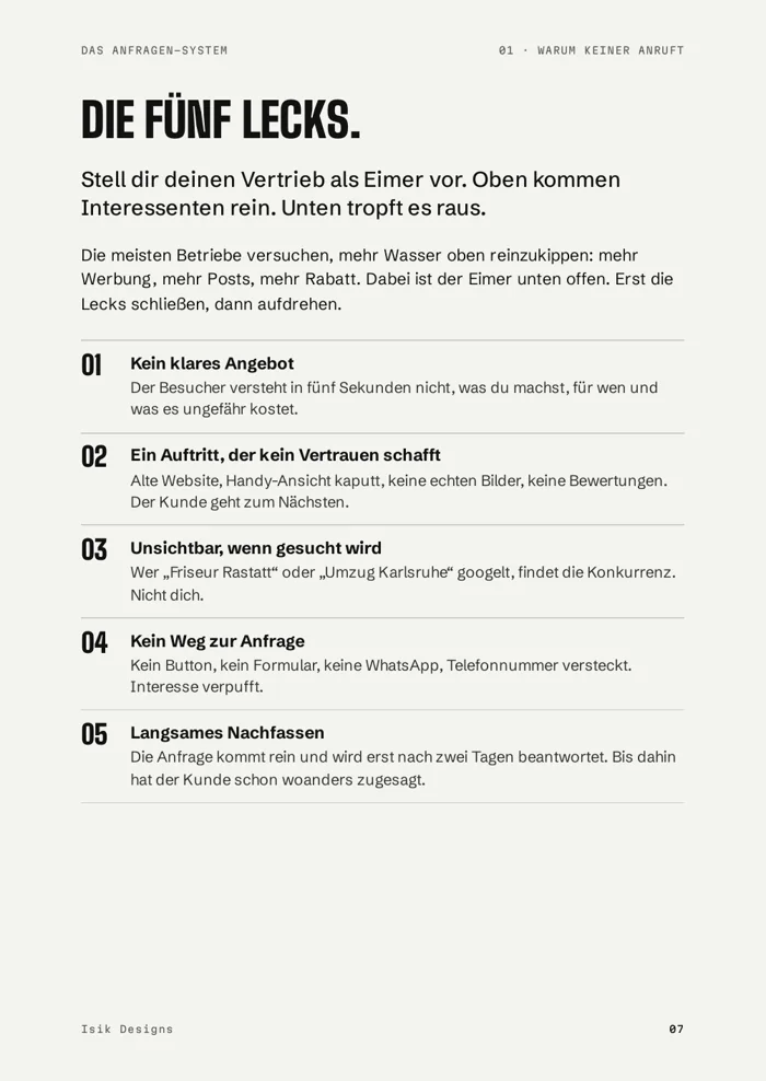 Seite: Die fünf Lecks