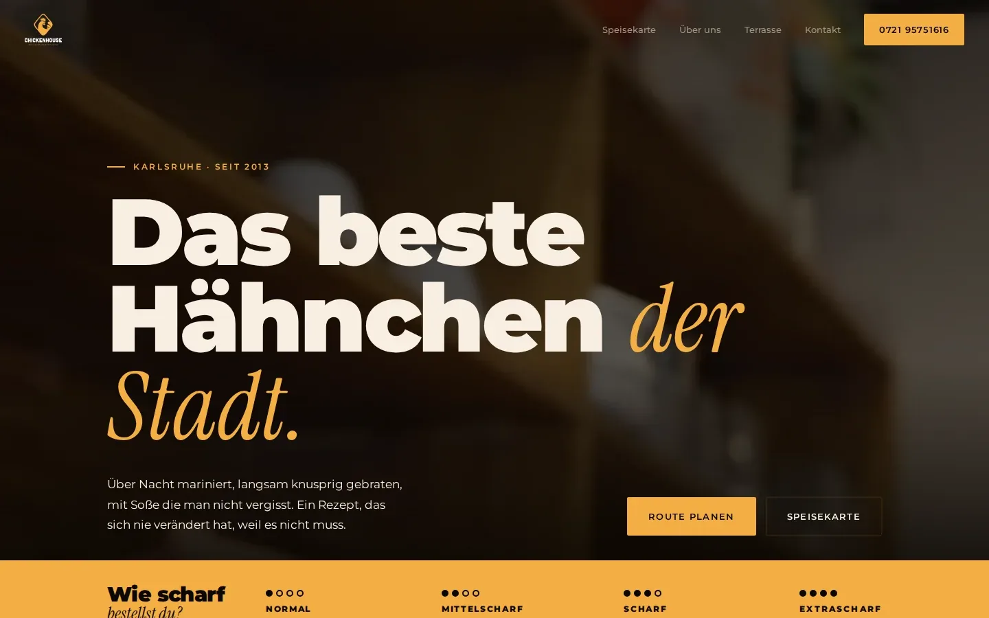 Website von Chickenhouse Karlsruhe mit Headline Das beste Hähnchen der Stadt