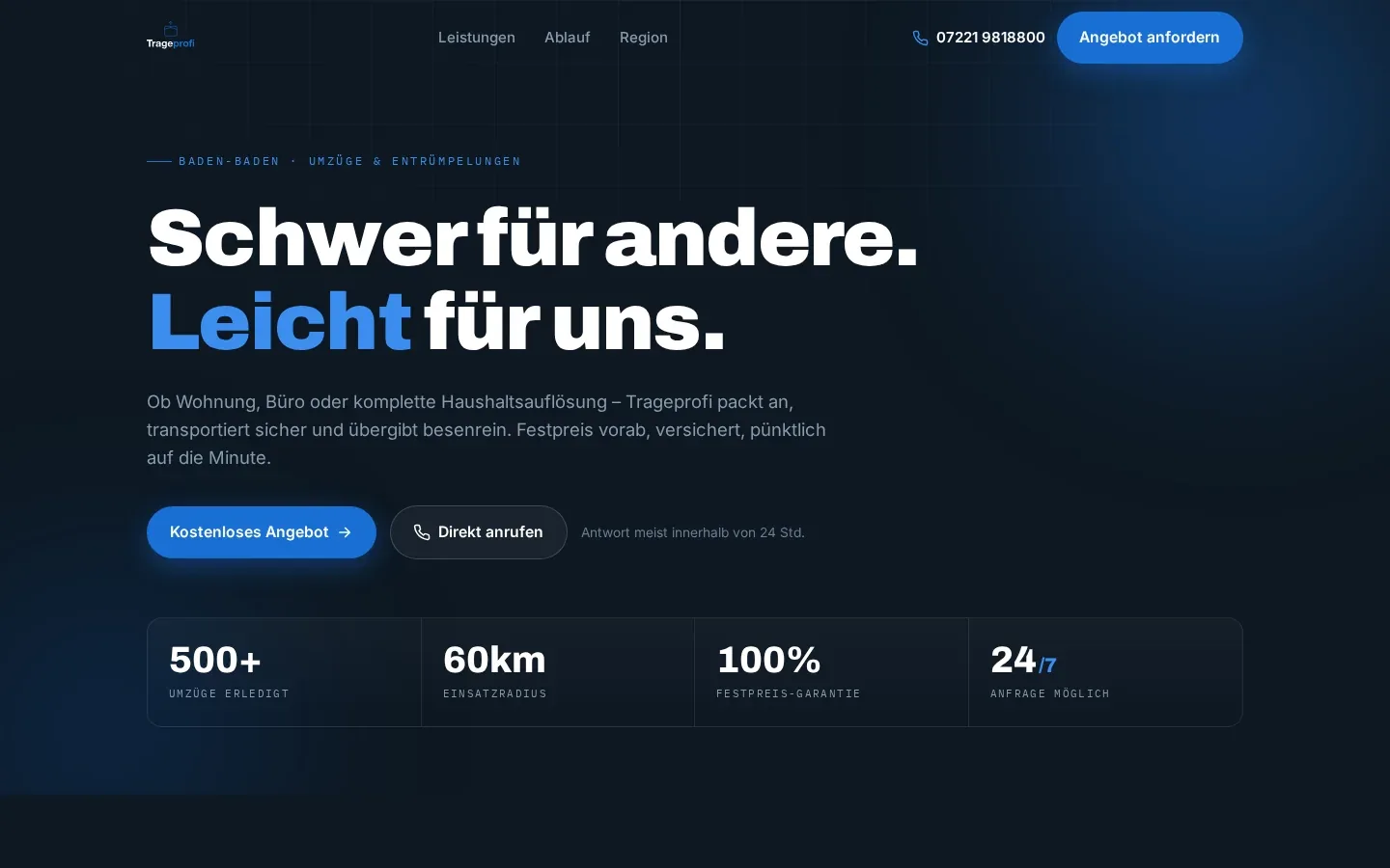 Website von Trageprofi mit Headline Schwer für andere, leicht für uns